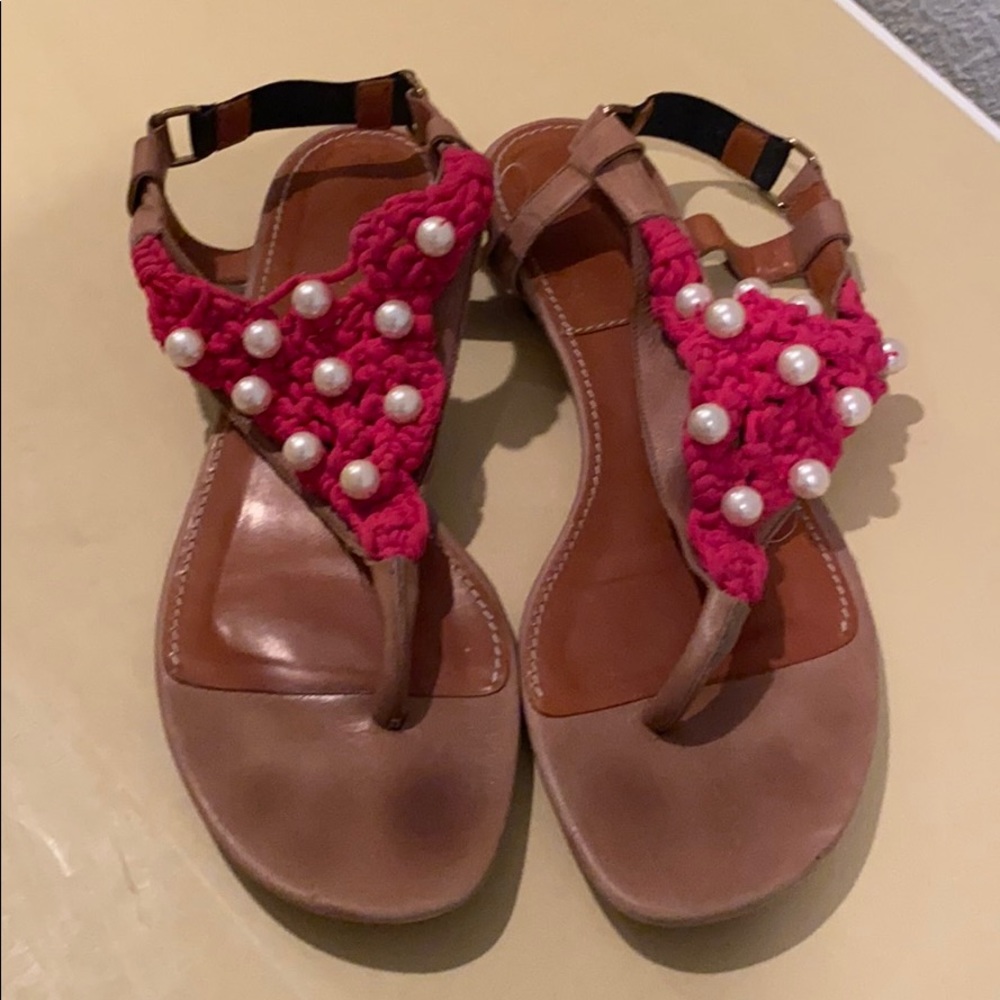 Lanvin Thong Slingbacks Size 38 Tan, Pink & Pearl